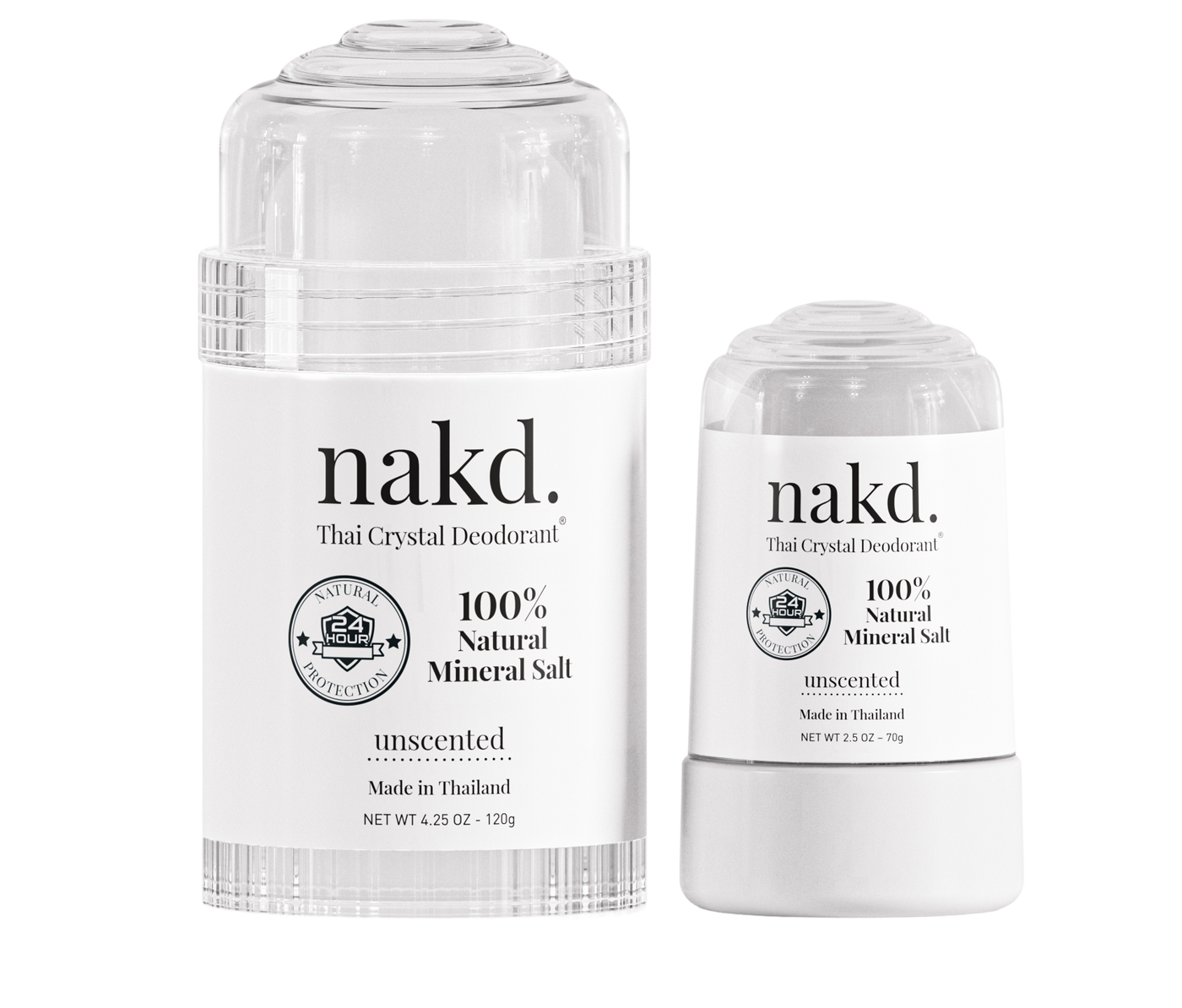 Two nakd deodorant sticks on a white background