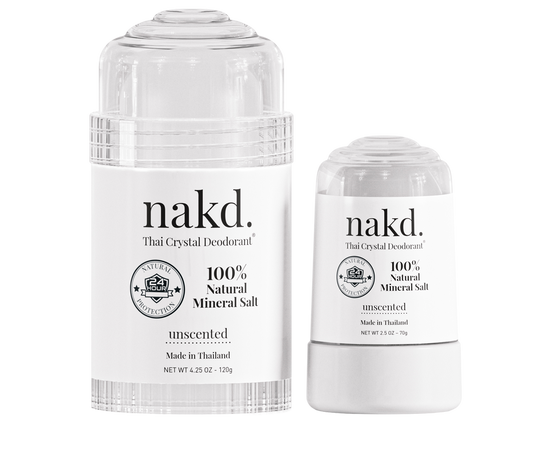 Two nakd deodorant sticks on a white background